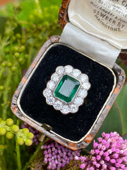 Victorian Style Emerald and Diamond Cluster Ring 18ct Yellow Gold 1.70ct + 3.75ct