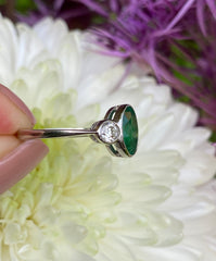 Emerald and Diamond Three Stone Platinum Ring 0.40ct + 1.10ct