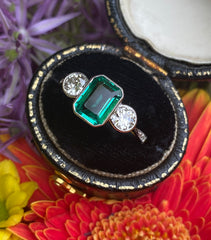 Emerald and Diamond Three Stone Ring 18ct Yellow Gold 0.60ct + 1.30ct