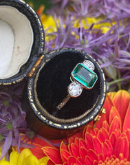 Emerald and Diamond Three Stone Ring 18ct Yellow Gold 0.60ct + 1.30ct
