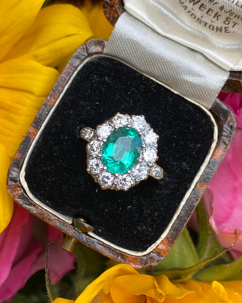 Victorian Emerald and Diamond Platinum Cluster Ring 1.35ct + 1.50ct