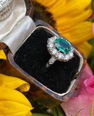 Victorian Emerald and Diamond Platinum Cluster Ring 1.30ct + 1.65ct