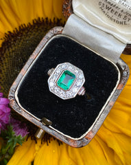 Art Deco Emerald and Diamond Cluster Platinum Ring 0.60ct + 1.0ct