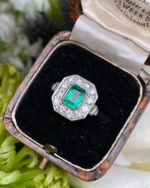 Art Deco Emerald and Diamond Cluster Platinum Ring 0.75ct + 1.0ct