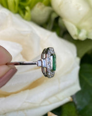 Art Deco Emerald and Diamond Cluster Platinum Ring 0.75ct + 1.0ct