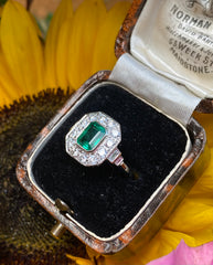 Art Deco Emerald and Diamond Cluster Platinum Ring 0.75ct + 1.0ct