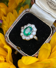 Victorian Emerald and Diamond Cluster Ring 18ct Yellow Gold 1.25ct + 2.26ct
