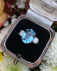 Aquamarine and Diamond Platinum Three Stone Ring 1.01ct + 2.90ct