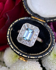 Art Deco Aquamarine and Diamond Platinum Ring 0.60ct + 0.80ct