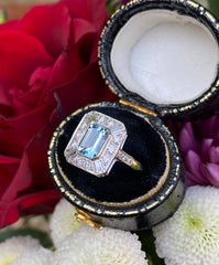 Art Deco Aquamarine and Diamond Platinum Ring 0.60ct + 0.80ct