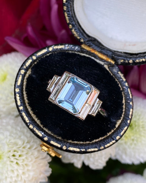 Art Deco Aquamarine and Diamond Platinum Ring 0.40ct + 1.20ct