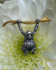 Rose Cut Diamond and Ruby Monkey Brooch 0.50ct