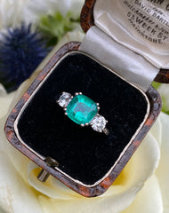 Emerald and Diamond Three Stone Ring Platinum 0.64ct + 2.10ct