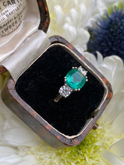 Emerald and Diamond Three Stone Ring Platinum 0.64ct + 2.10ct
