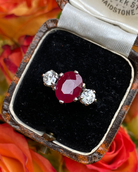 Ruby and Diamond Three Stone Platinum Ring 0.64ct + 3.07ct