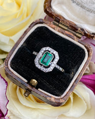 Art Deco Emerald and Diamond Platinum Ring 0.25ct + 0.85ct