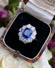 Art Deco Sapphire and Diamond Cluster Ring 1.15ct + 1.85ct Platinum