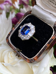 Art Deco Sapphire and Diamond Cluster Ring 1.15ct + 1.85ct Platinum