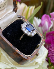 Art Deco Sapphire and Diamond Cluster Ring 1.15ct + 1.85ct Platinum