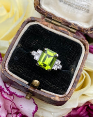 Art Deco Peridot and Diamond Platinum Ring 0.18ct + 2.10ct