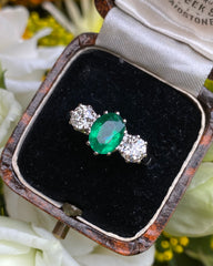 Emerald and Diamond Three Stone Platinum Ring 0.85ct + 1.30ct