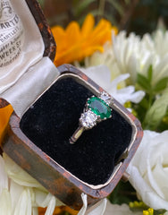 Emerald and Diamond Three Stone Platinum Ring 0.90ct + 1.20ct