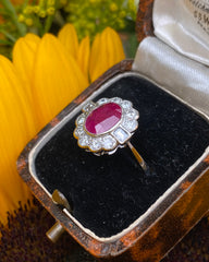 Traditional Style Ruby and Diamond Cluster Platinum Ring 0.55ct + 1.40ct