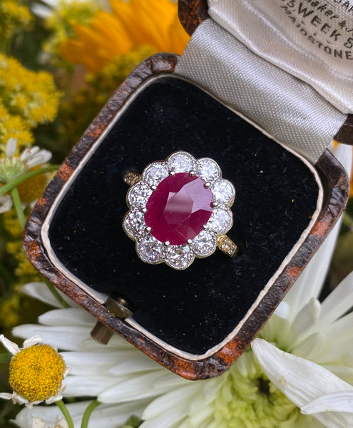 Victorian Style Ruby and Diamond Cluster 18ct Yellow Gold Ring 1.40ct + 3.65ct