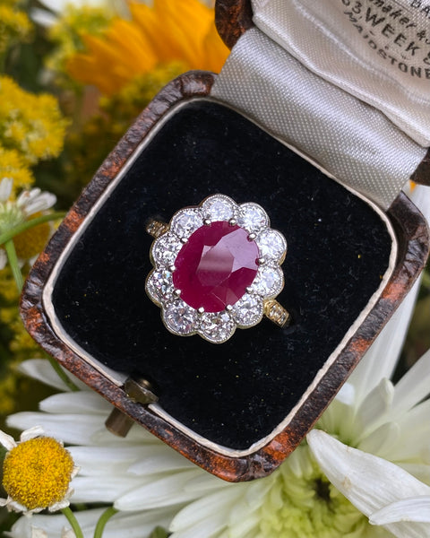 Victorian Style Ruby and Diamond Cluster 18ct Yellow Gold Ring 1.40ct + 3.65ct