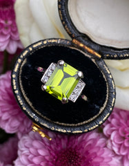 Art Deco Peridot and Diamond Platinum Ring 0.12ct + 2.10ct