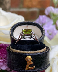 Art Deco Peridot and Diamond Platinum Ring 0.12ct + 2.10ct