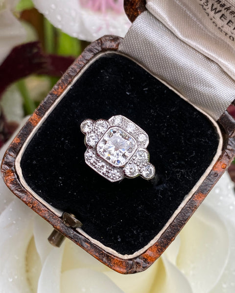 Art Deco Diamond Cluster Platinum Ring 0.55ct + 1.03ct