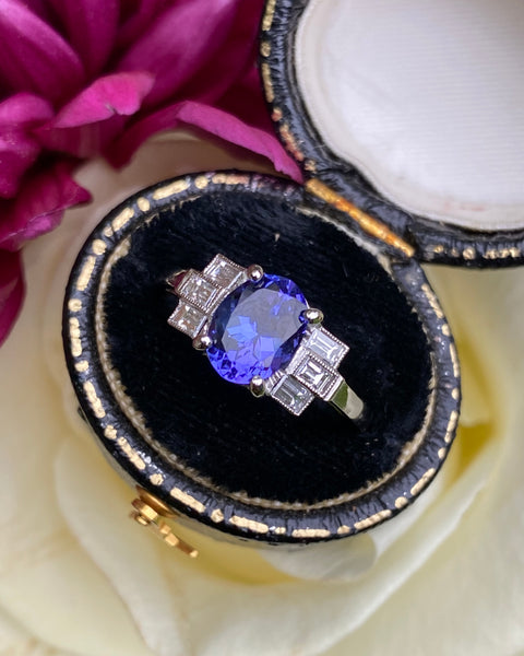 Art Deco Tanzanite and Diamond Platinum Ring 0.30ct + 1.70ct