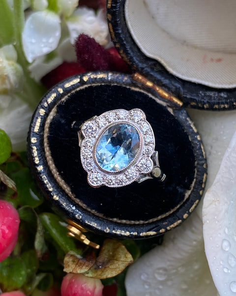 Victorian Aquamarine and Diamond Cluster Platinum Ring 0.35ct + 1.0ct