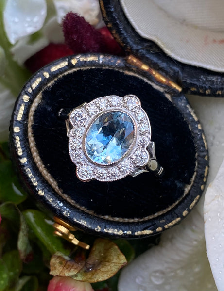 Victorian Aquamarine and Diamond Cluster Platinum Ring 0.35ct + 1.0ct