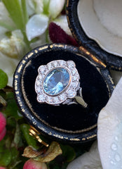Victorian Aquamarine and Diamond Cluster Platinum Ring 0.35ct + 1.0ct