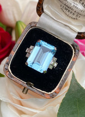 Art Deco Style Aquamarine and Diamond Ring 0.40ct + 13.0ct Platinum