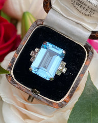 Art Deco Style Aquamarine and Diamond Ring 0.40ct + 13.0ct Platinum