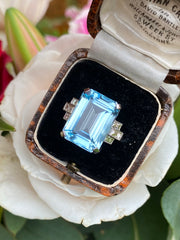 Art Deco Style Aquamarine and Diamond Ring 0.40ct + 13.0ct Platinum