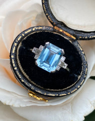 Art Deco Aquamarine and Diamond Platinum Ring 0.15ct + 1.75ct