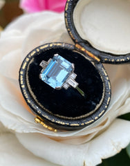 Art Deco Aquamarine and Diamond Platinum Ring 0.15ct + 1.75ct