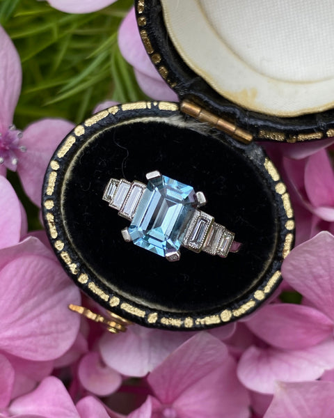 Art Deco Aquamarine and Diamond Platinum Ring 0.30ct + 1.30ct