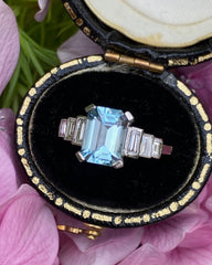 Art Deco Aquamarine and Diamond Platinum Ring 0.30ct + 1.30ct