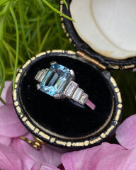 Art Deco Aquamarine and Diamond Platinum Ring 0.30ct + 1.30ct