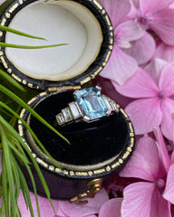 Art Deco Aquamarine and Diamond Platinum Ring 0.30ct + 1.30ct