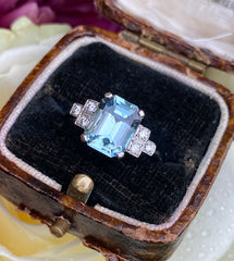 Art Deco Aquamarine and Diamond Platinum Ring 0.20ct + 2.10ct