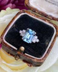 Art Deco Aquamarine and Diamond Platinum Ring 0.18ct + 1.75ct