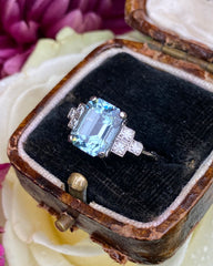 Art Deco Aquamarine and Diamond Platinum Ring 0.18ct + 1.85ct