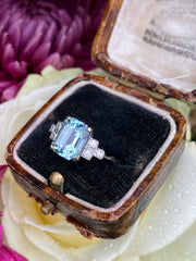 Art Deco Aquamarine and Diamond Platinum Ring 0.20ct + 2.10ct