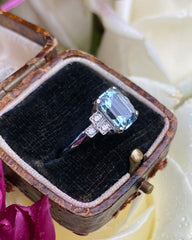 Art Deco Aquamarine and Diamond Platinum Ring 0.18ct + 1.85ct